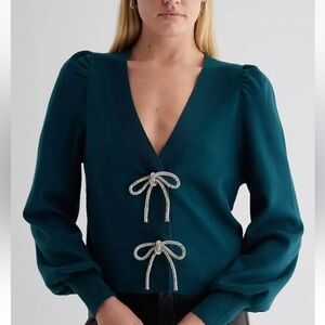 EXPRESS V-Neck Embellished Rhinestone Bow Cardigan NEW